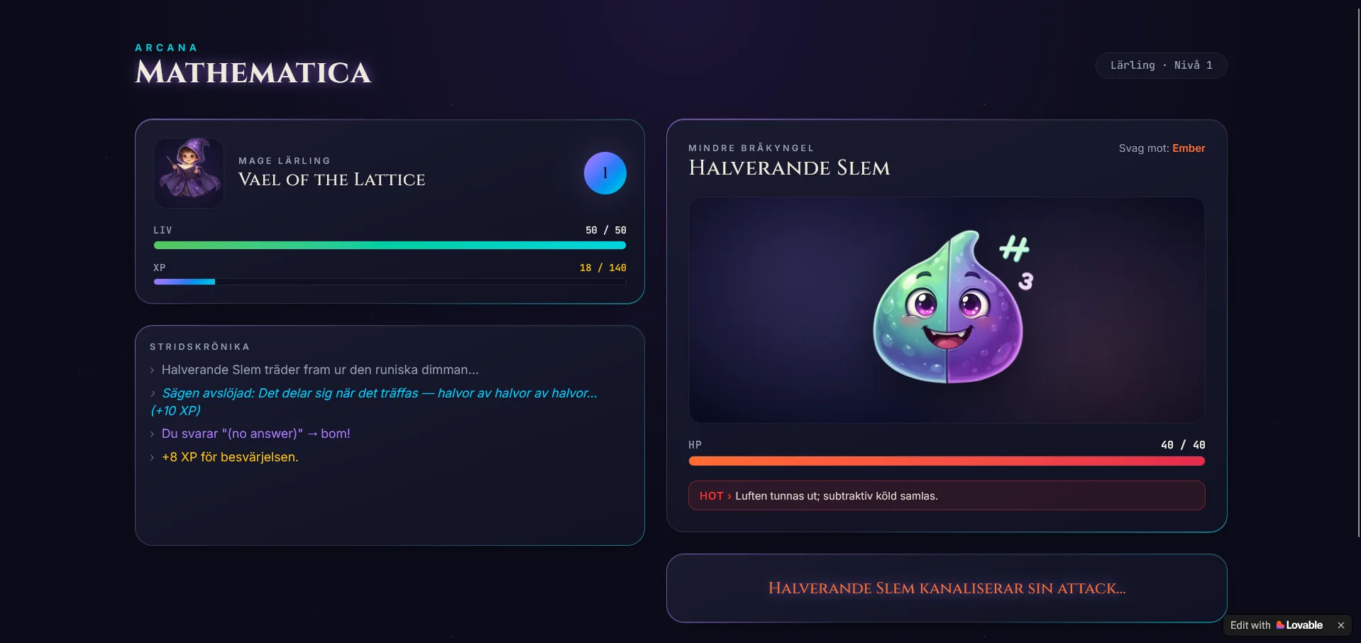 Arcana Mathematica: a role-playing game with a mage, XP and spells