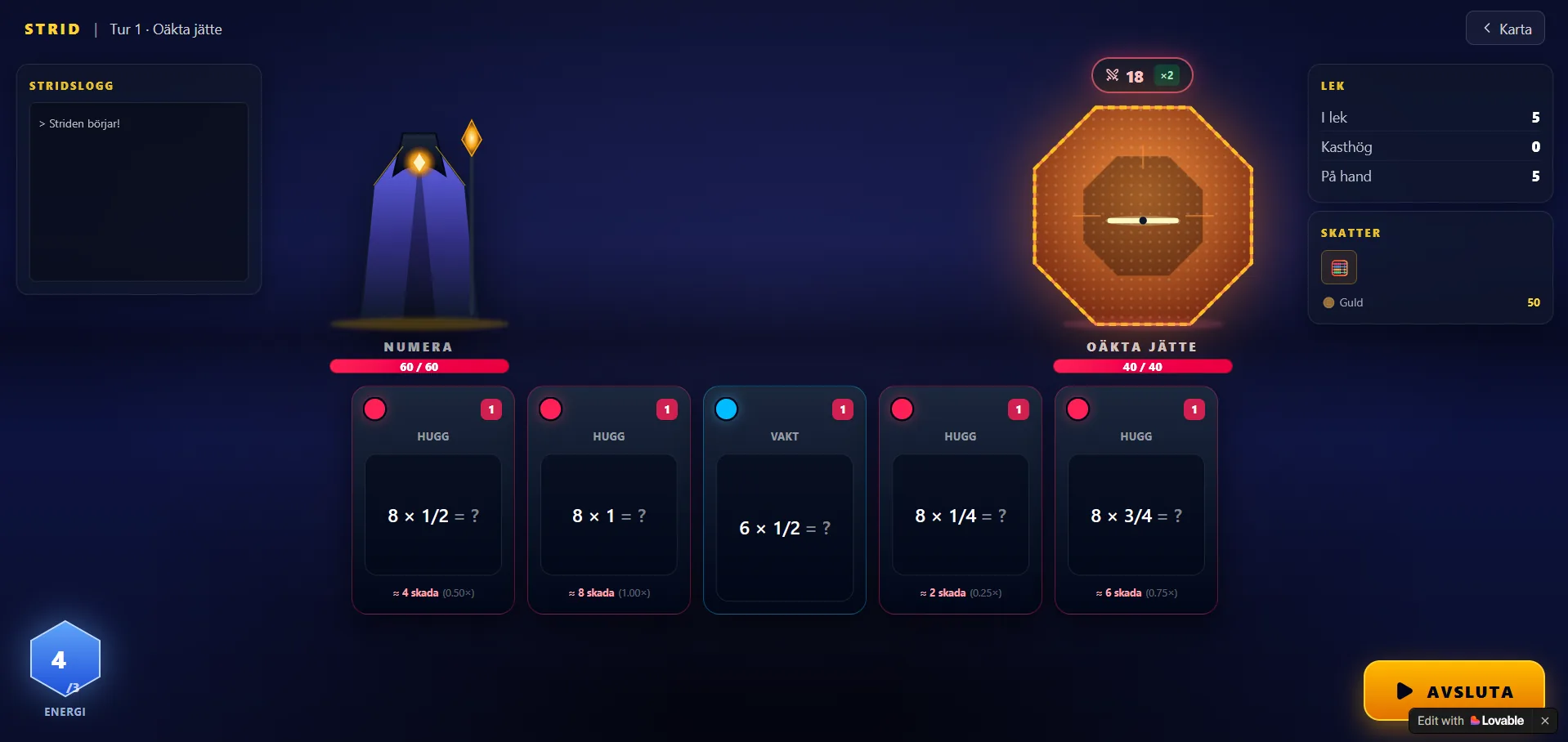 Fraction Forge: a card battle where each card is a fraction problem