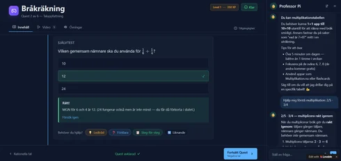 Scaffold 1: a lesson page with a self-test and a chat tutor alongside it