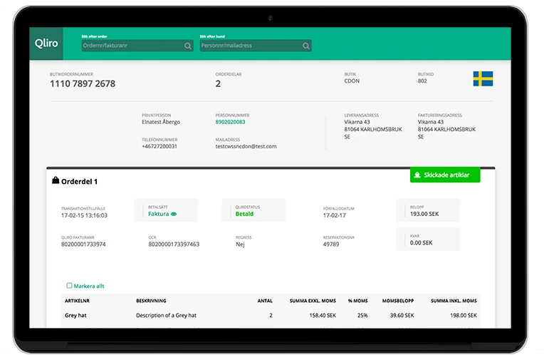 Qliro backoffice tool on a laptop