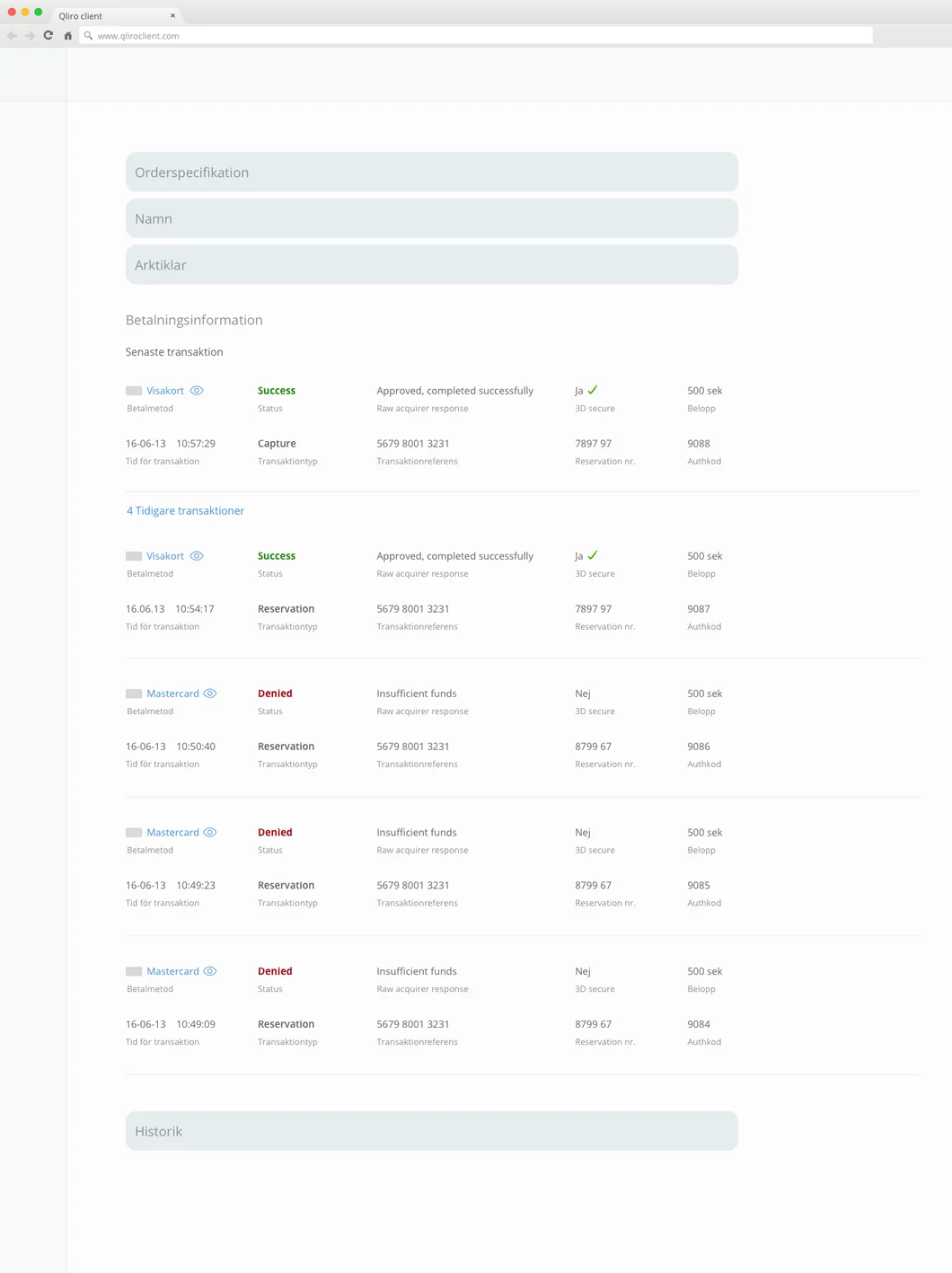 Wireframes of transaction types
